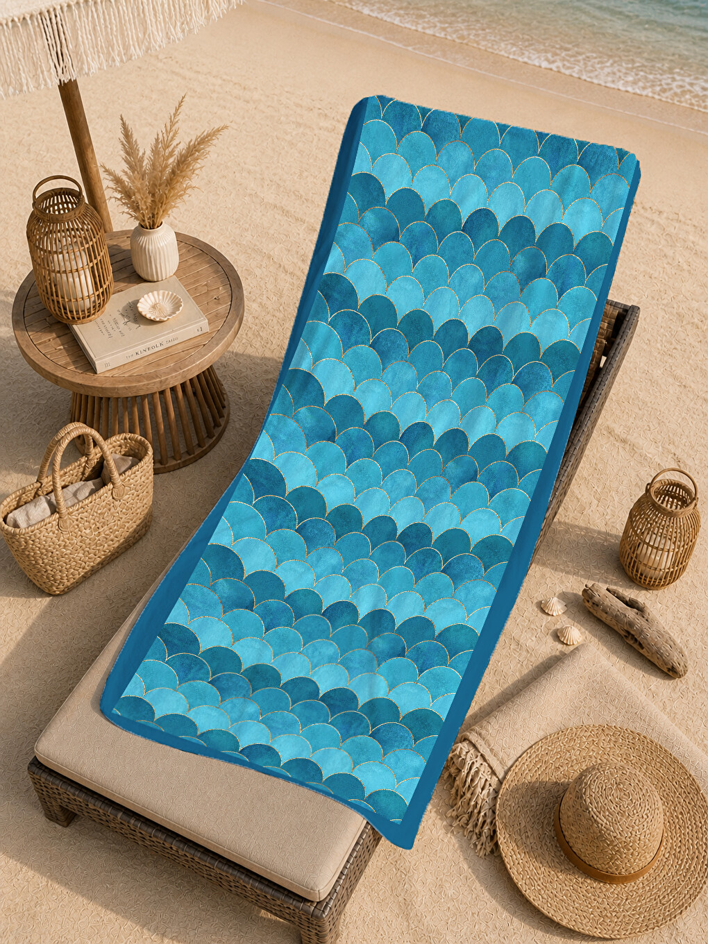 Mavi Denizkızı Pulu Desenli 70x150 Cm Dijital Baskılı Plaj Ve Banyo Havlusu-4