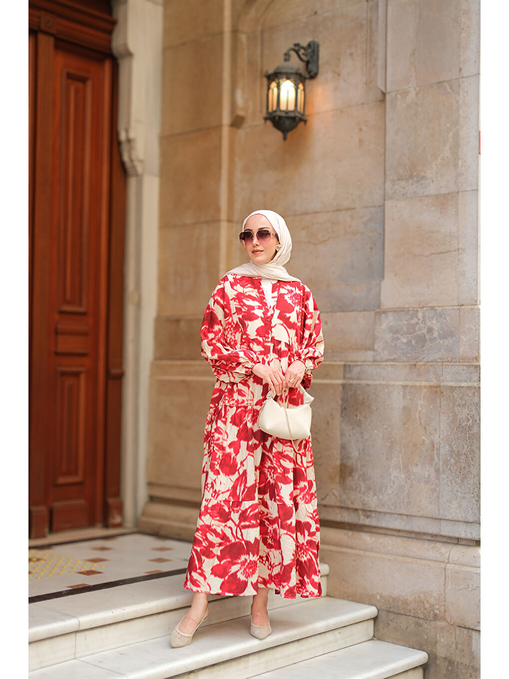 Kadın Duman Desenli Elbise Kırmızı-1