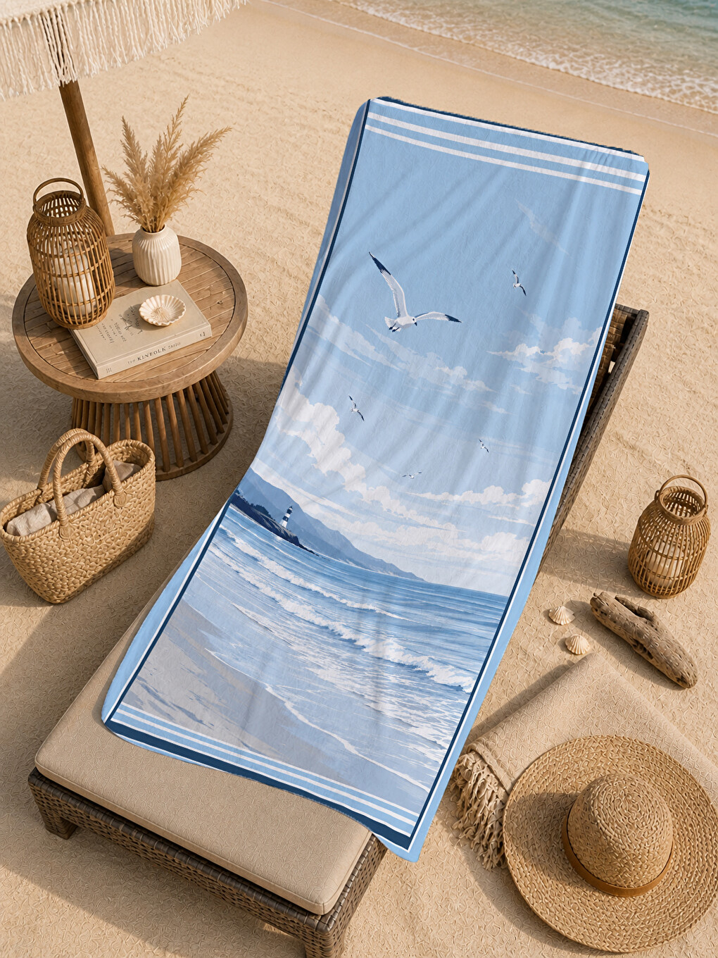 Minimal Sakin Mavi Deniz Ufku Martı Ve Dalga Desenli 70x150 Plaj Havlusu - Pamuklu Banyo Havlusu-2