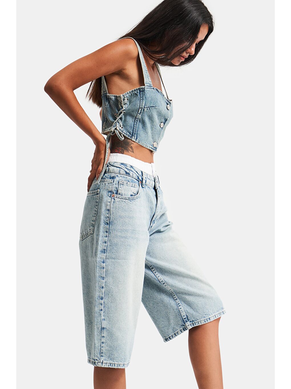 it's basic Yeşil Kadın G Jean Rengi Süper Uzun Boxer Detaylı Wide Leg Denim Şort