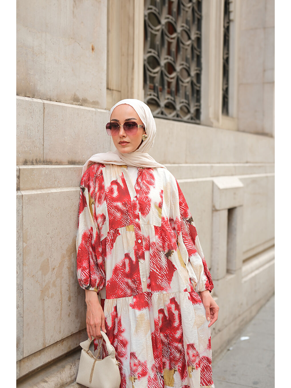 Kadın Baskı Desenli Elbise Kırmızı-3