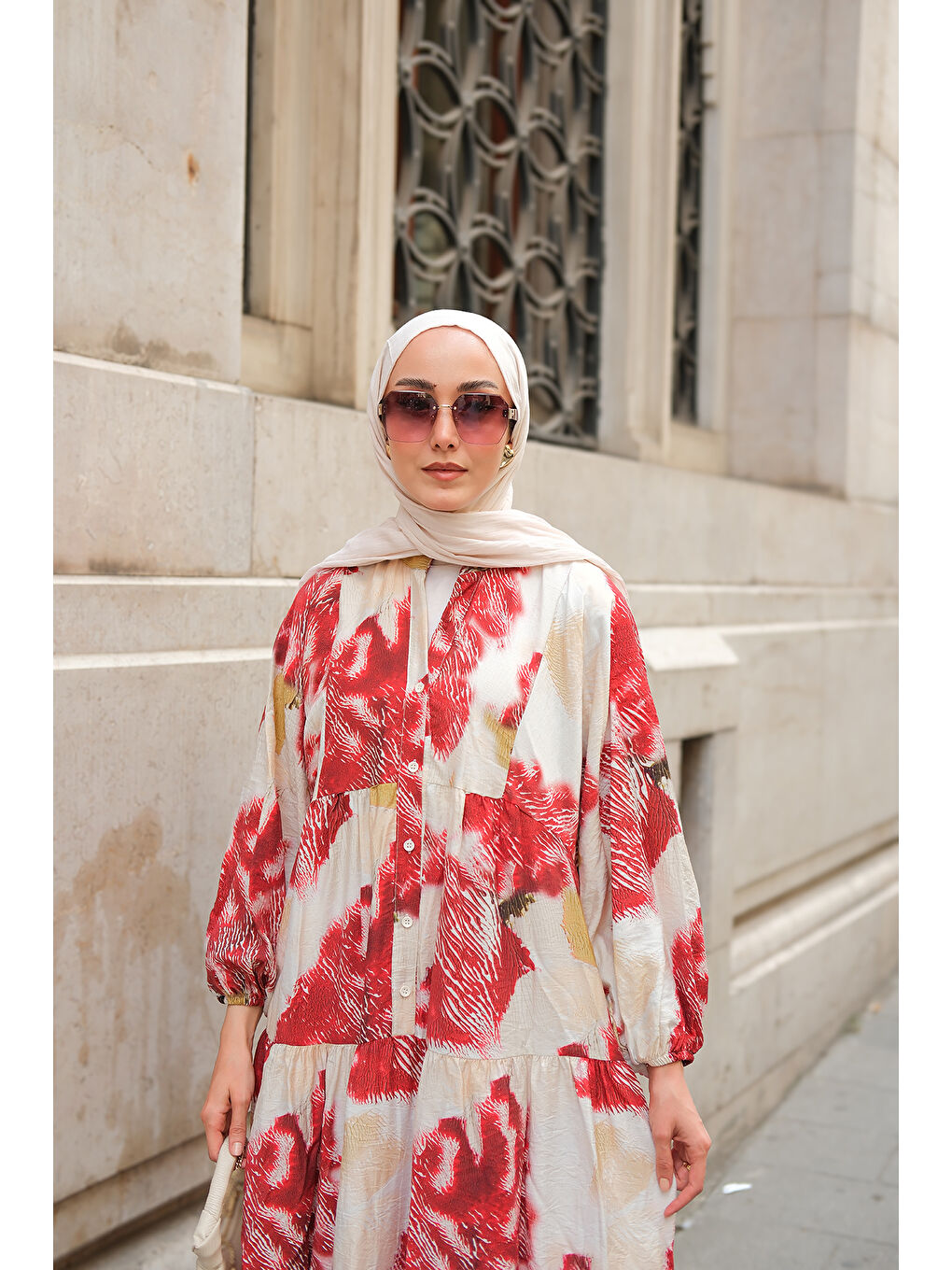 Kadın Baskı Desenli Elbise Kırmızı-4