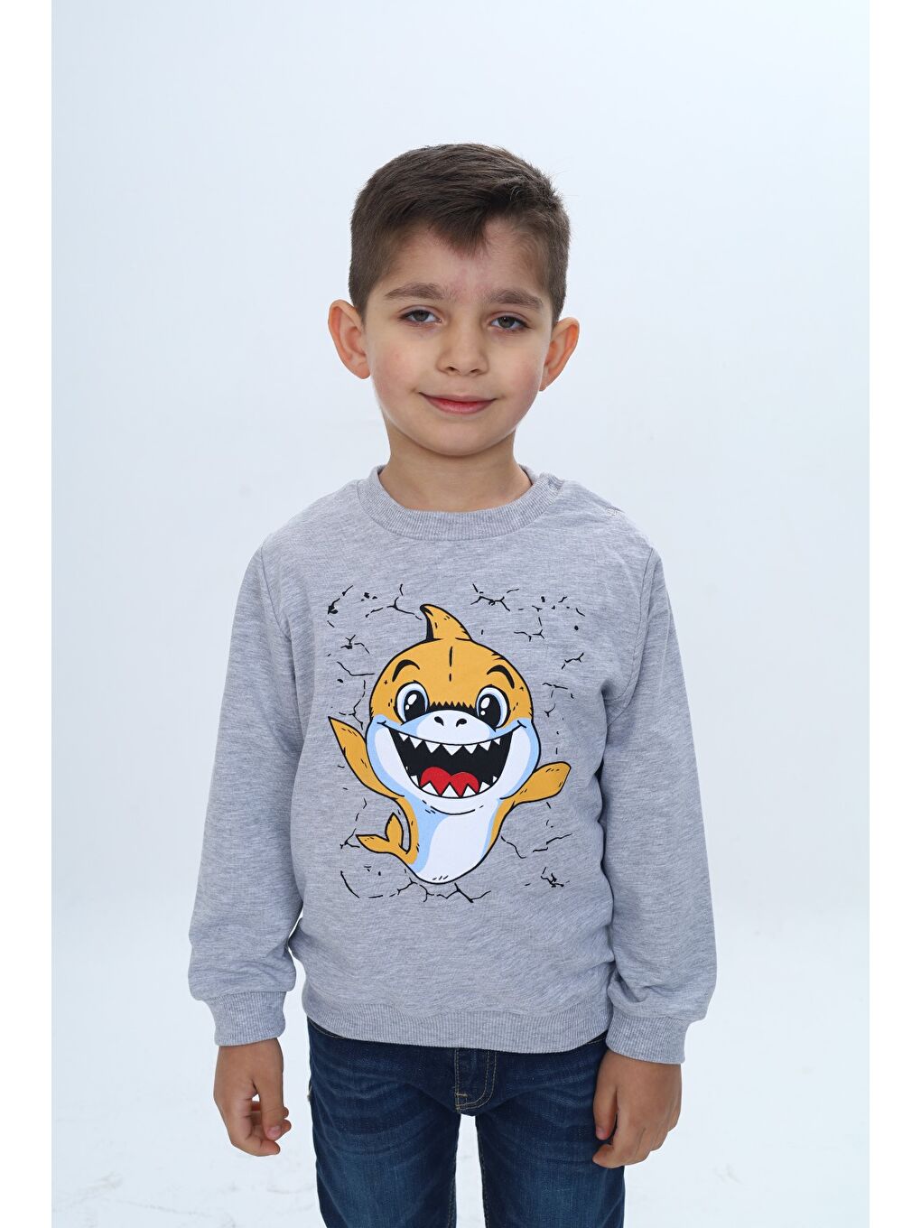 Ekru Erkek Çocuk Çıtçıtlı Köpek Balığı Baskılı Sweatshirt