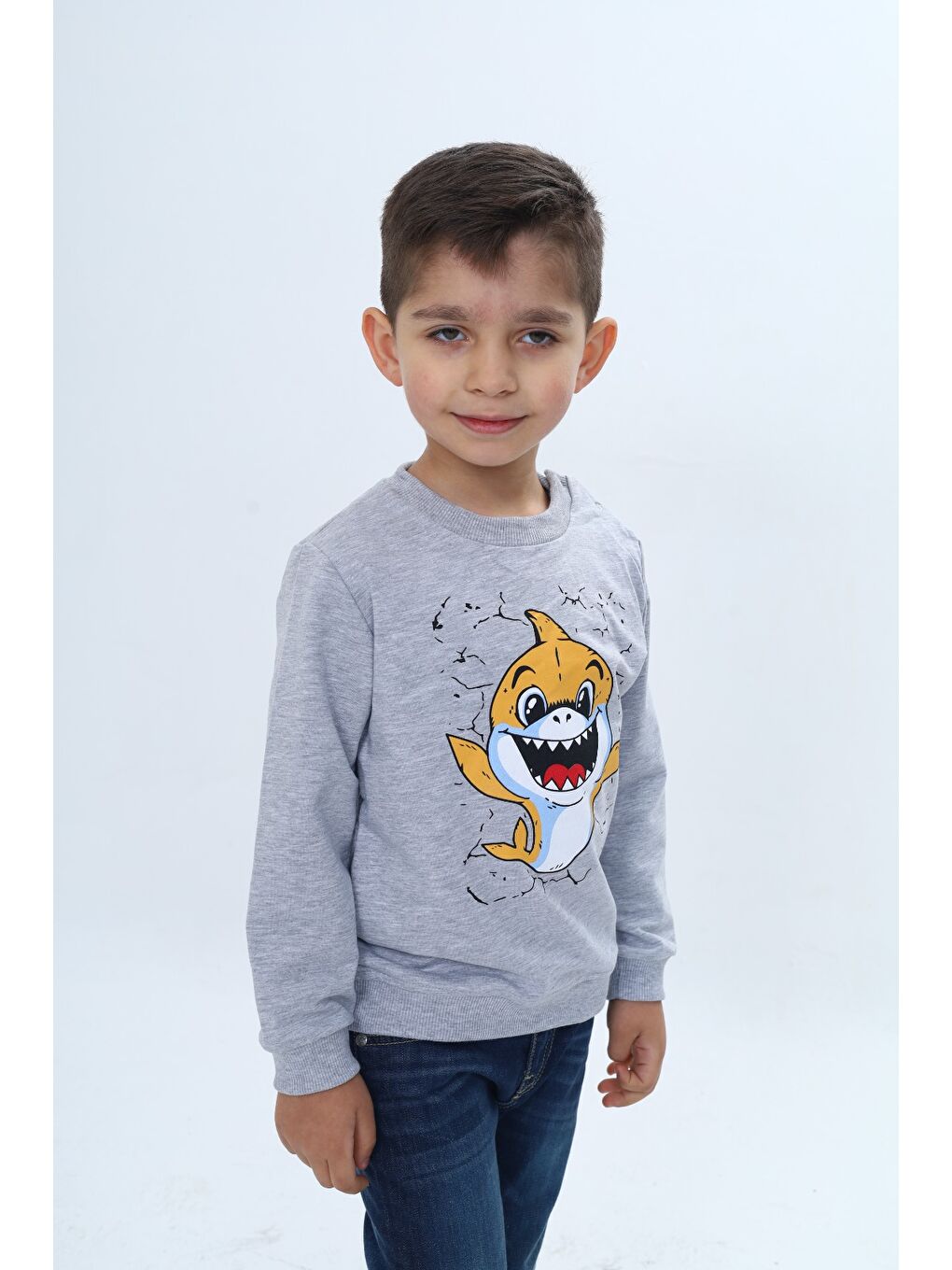 Ekru Erkek Çocuk Çıtçıtlı Köpek Balığı Baskılı Sweatshirt-1