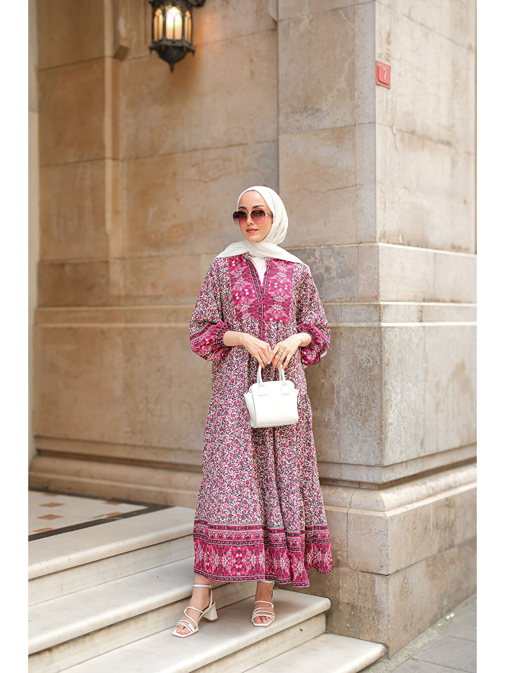 Kadın Saray Motifli Elbise Fuşya-2