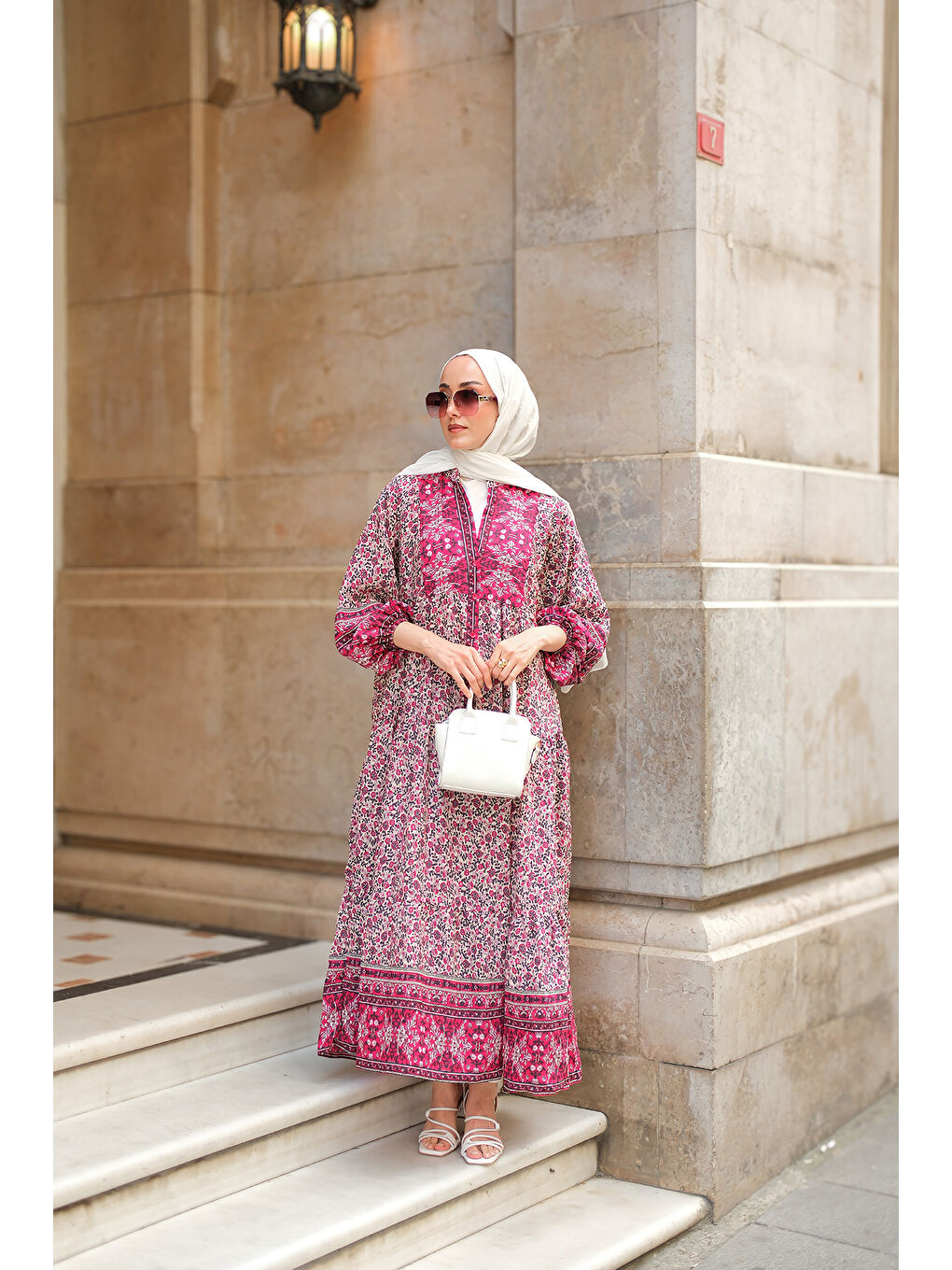 Kadın Saray Motifli Elbise Fuşya-3