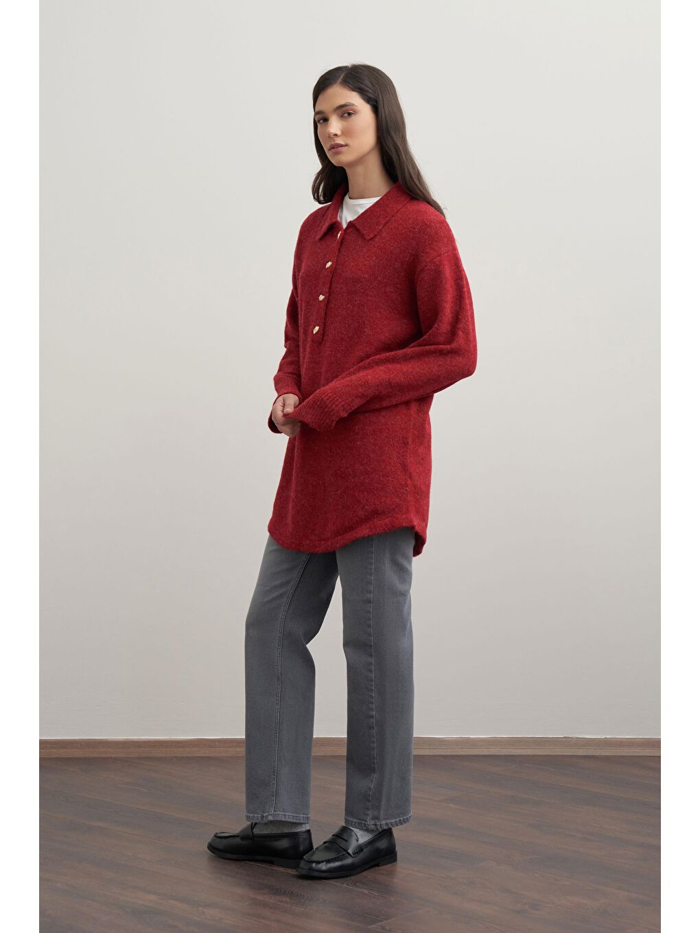 Mürdüm-Gold Dügmeli Yarım Patlı Kazak-1