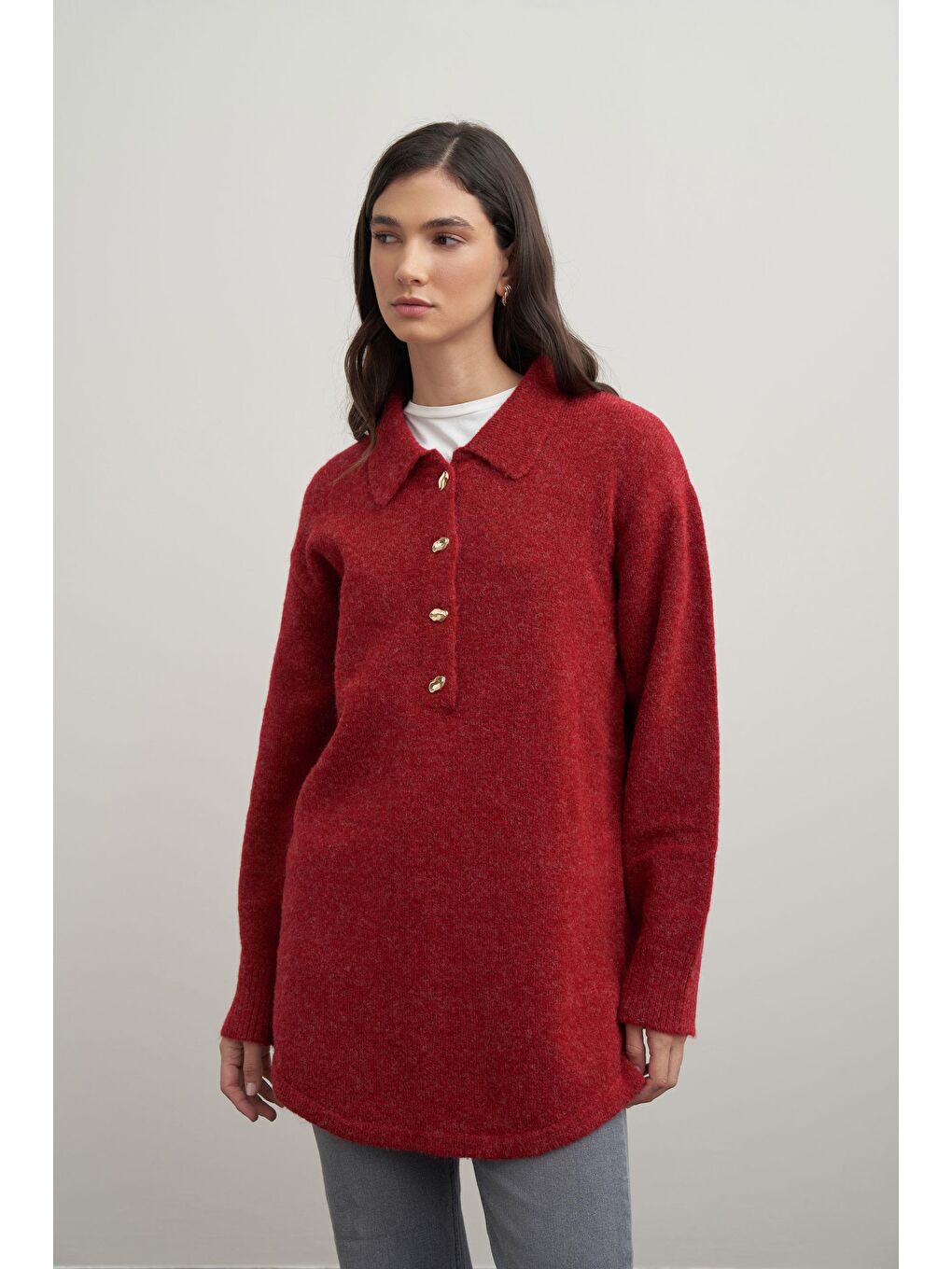 Mürdüm-Gold Dügmeli Yarım Patlı Kazak-3