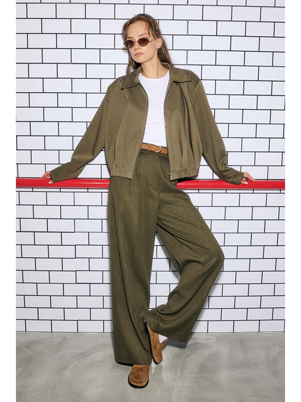 Pile Detaylı Palazzo Pantolon Orman Yeşili