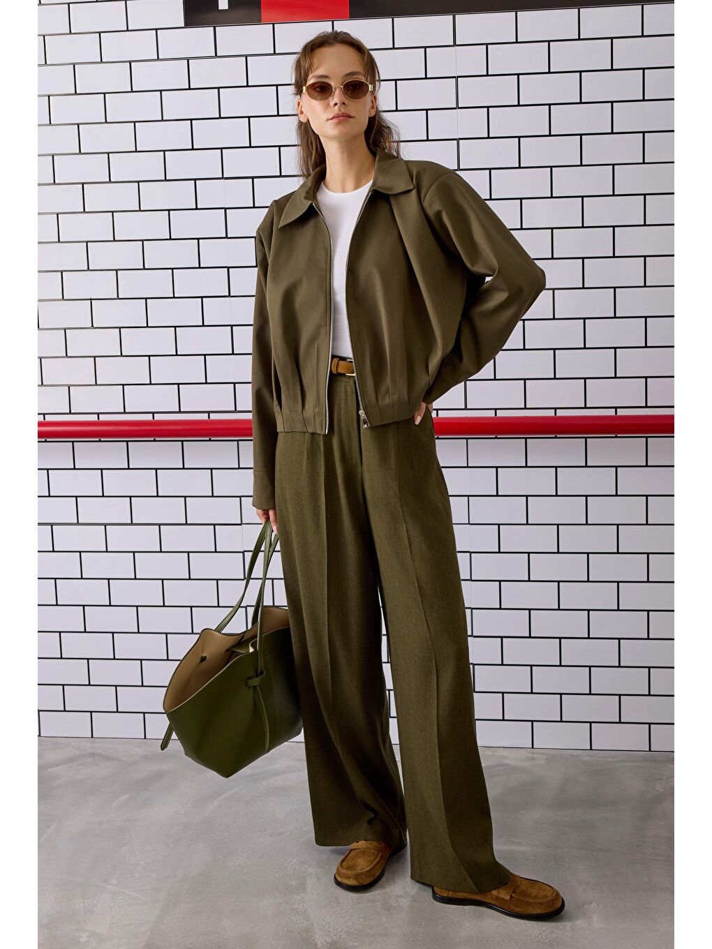 Pile Detaylı Palazzo Pantolon Orman Yeşili-2