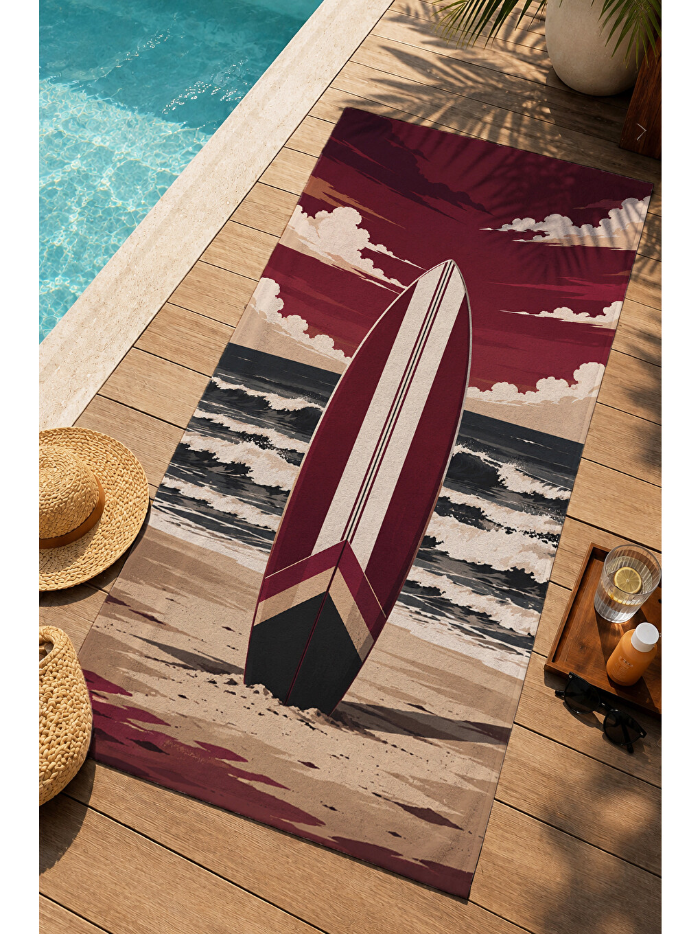 Retro Bordo Sörf Tahtası Sahil Desenli 70x150 Plaj Havlusu - Dijital Baskılı Banyo Havlusu-1