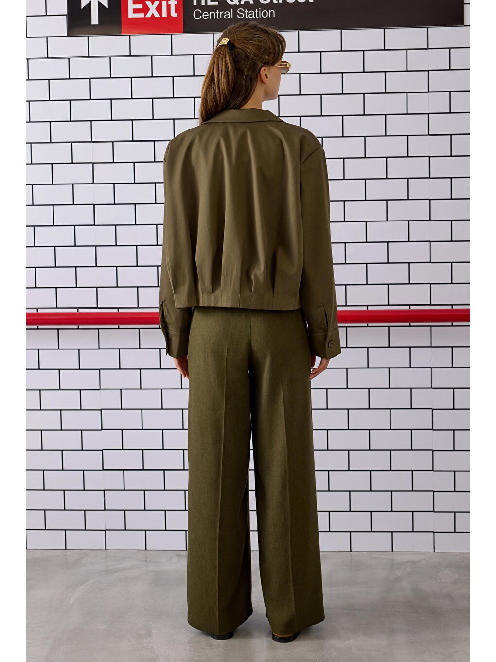 Pile Detaylı Palazzo Pantolon Orman Yeşili-3