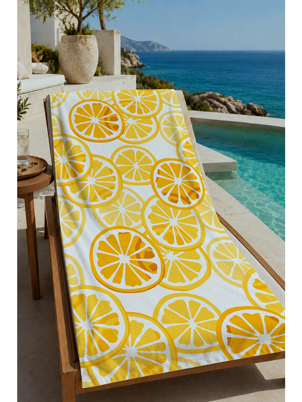 Bej Sarı Limon Desenli 70x150 Cm Dijital Baskılı Plaj Ve Banyo Havlusu