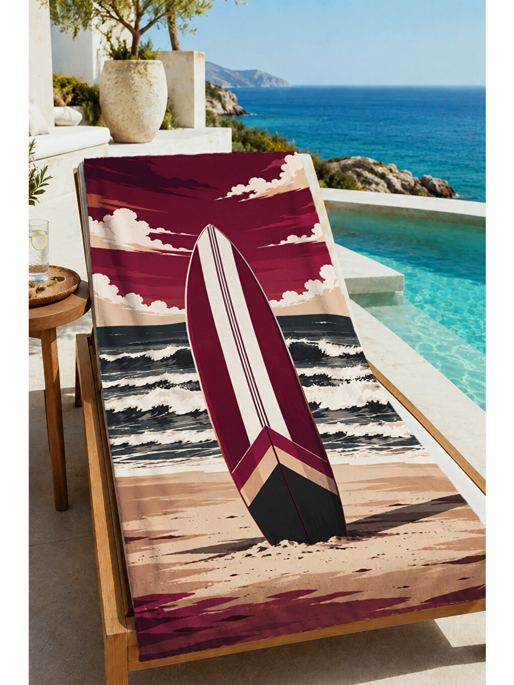Retro Bordo Sörf Tahtası Sahil Desenli 70x150 Plaj Havlusu - Dijital Baskılı Banyo Havlusu-3
