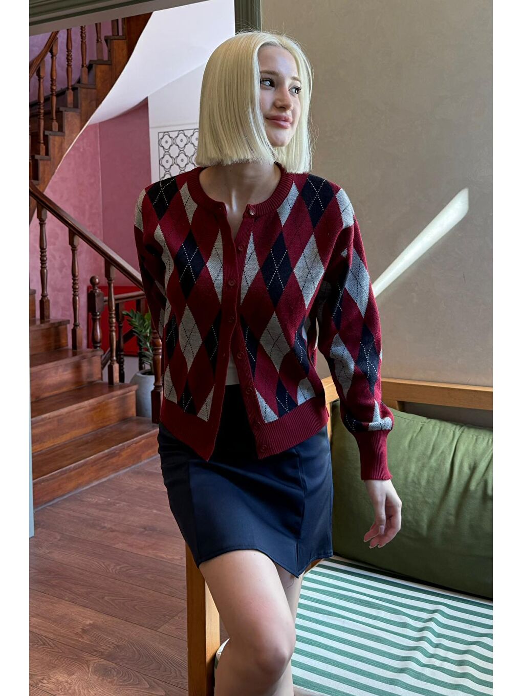 Bordo Baklava Desenli Bisiklet Yaka Kadın Hırka Mg2496-4