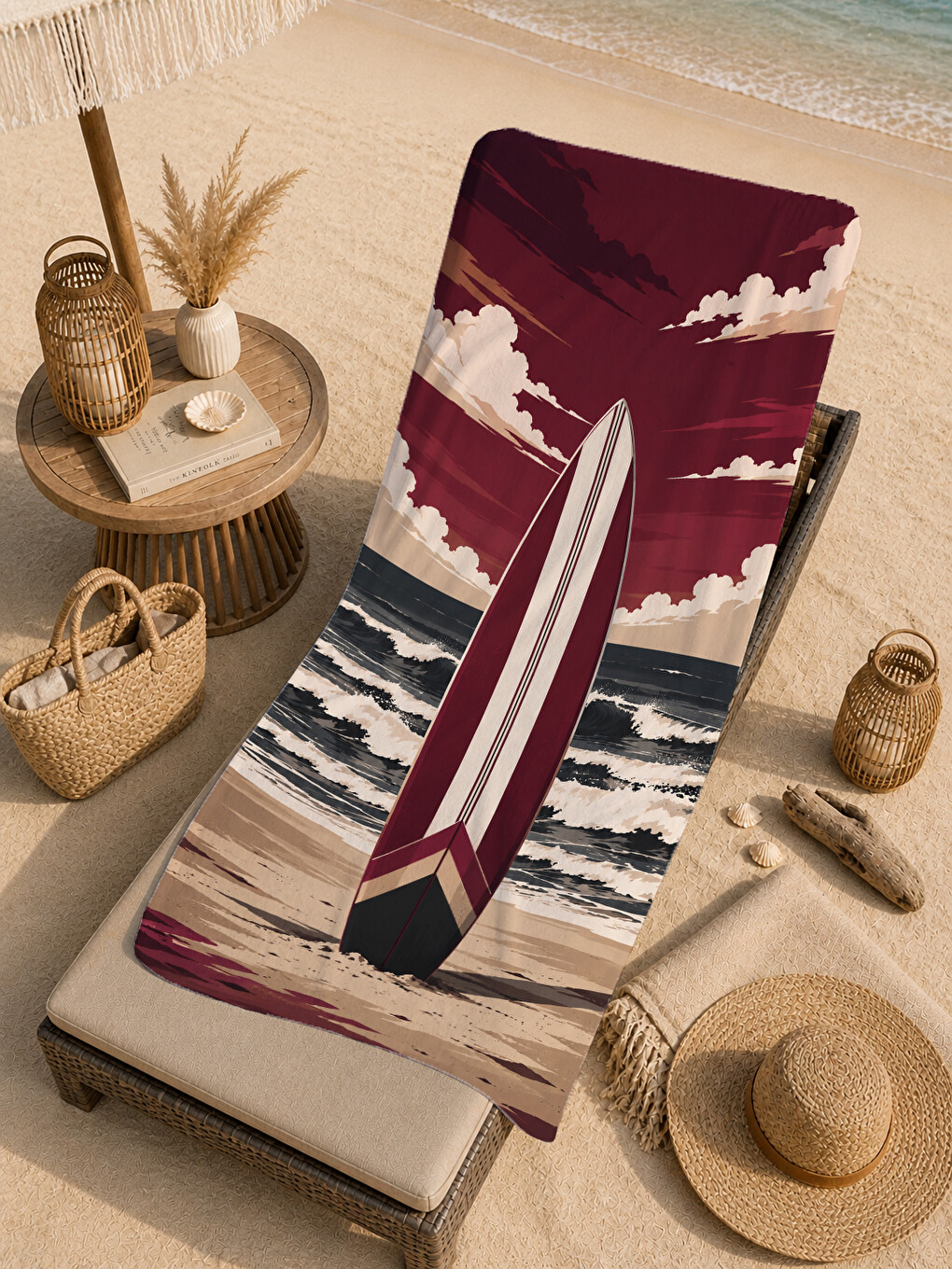Retro Bordo Sörf Tahtası Sahil Desenli 70x150 Plaj Havlusu - Dijital Baskılı Banyo Havlusu-4