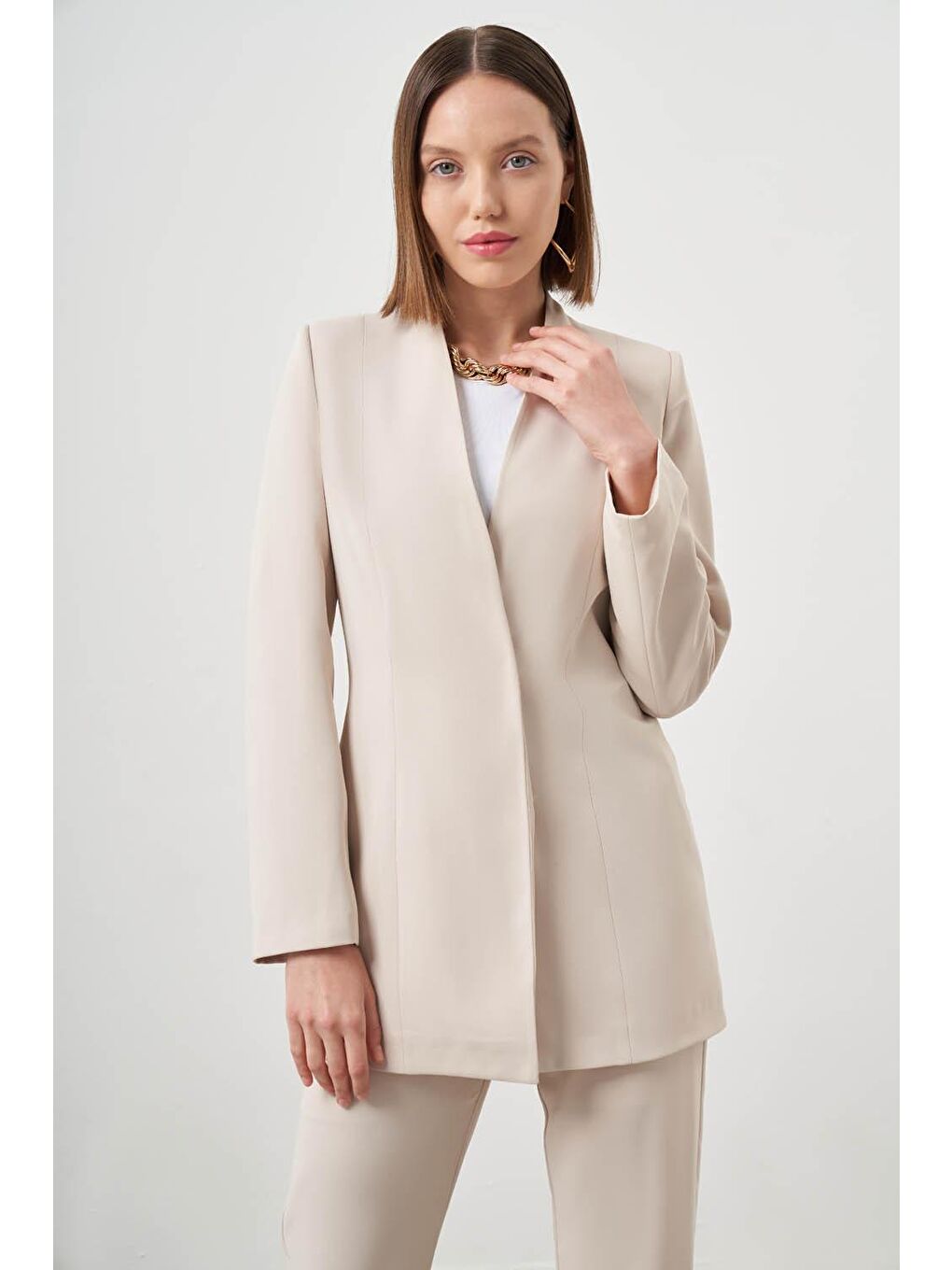 Mizalle Bej Yakasız Blazer Bej Ceket - 4