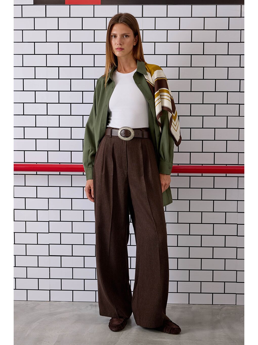 Kahverengi Pile Detaylı Palazzo Pantolon Acı Kahve-1