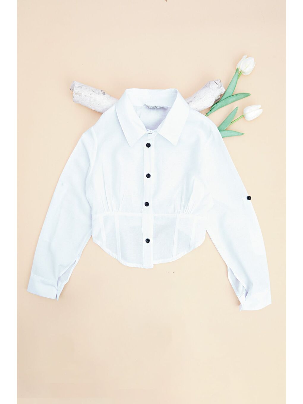 Beyaz Basic Beli Gipeli Crop Kız Çocuk Gömlek