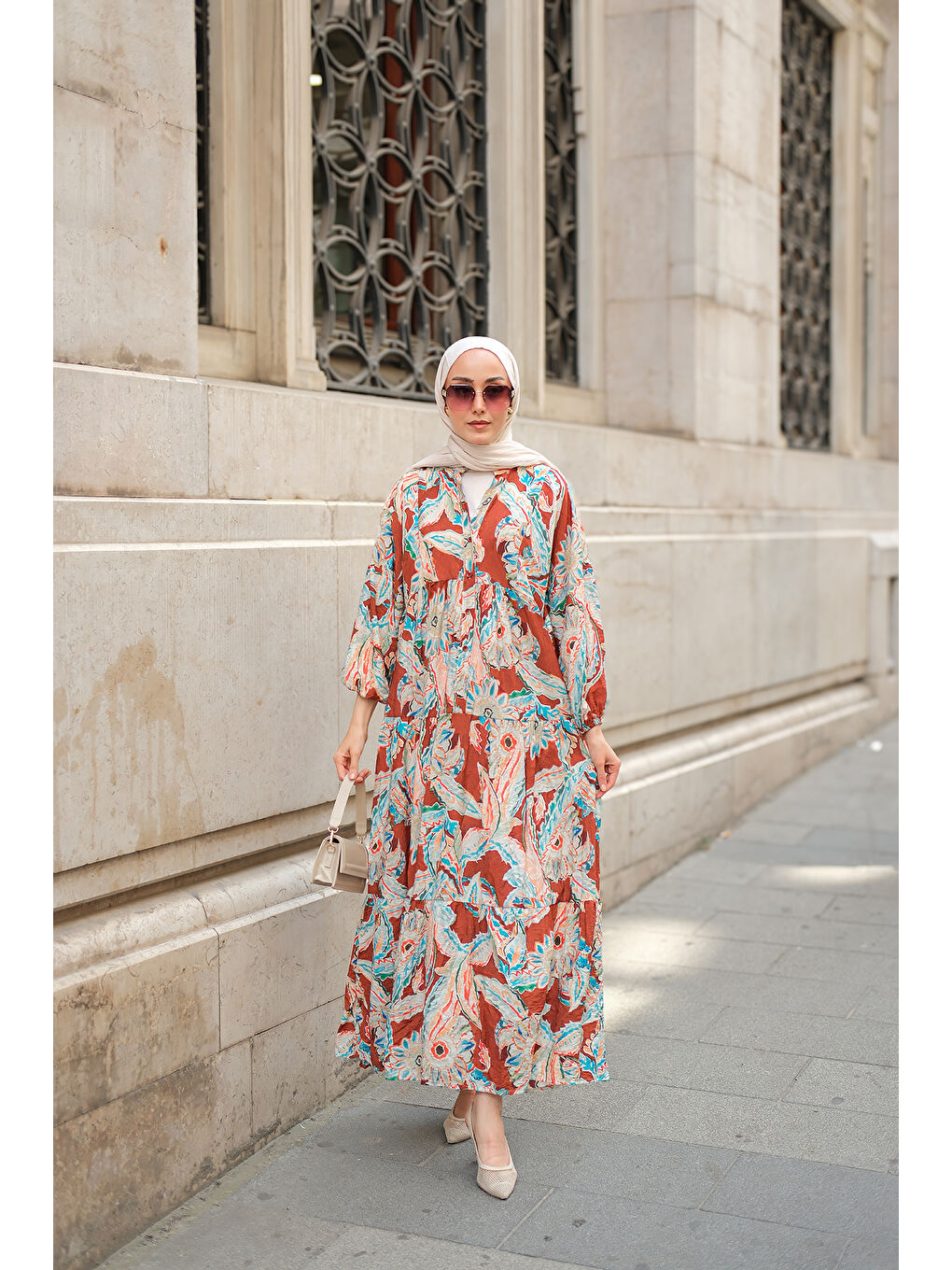 Kadın Yakamoz Desenli Elbise Kahverengi-3