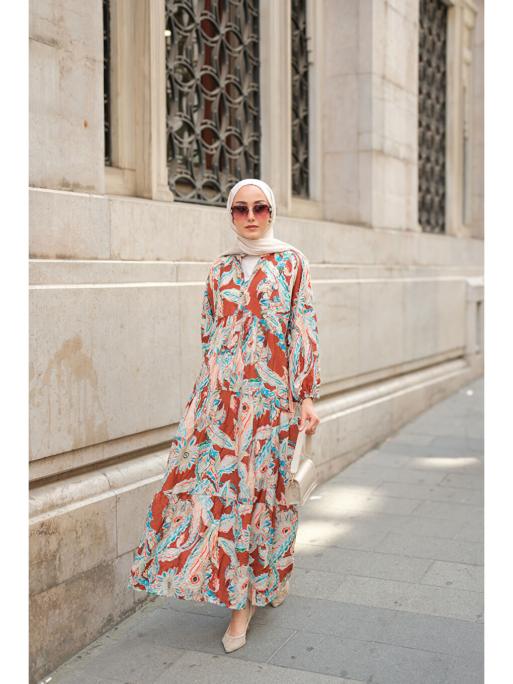 Kadın Yakamoz Desenli Elbise Kahverengi-4