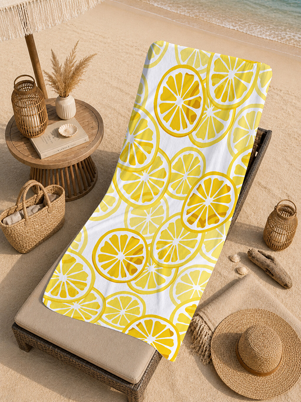 Bej Sarı Limon Desenli 70x150 Cm Dijital Baskılı Plaj Ve Banyo Havlusu-4