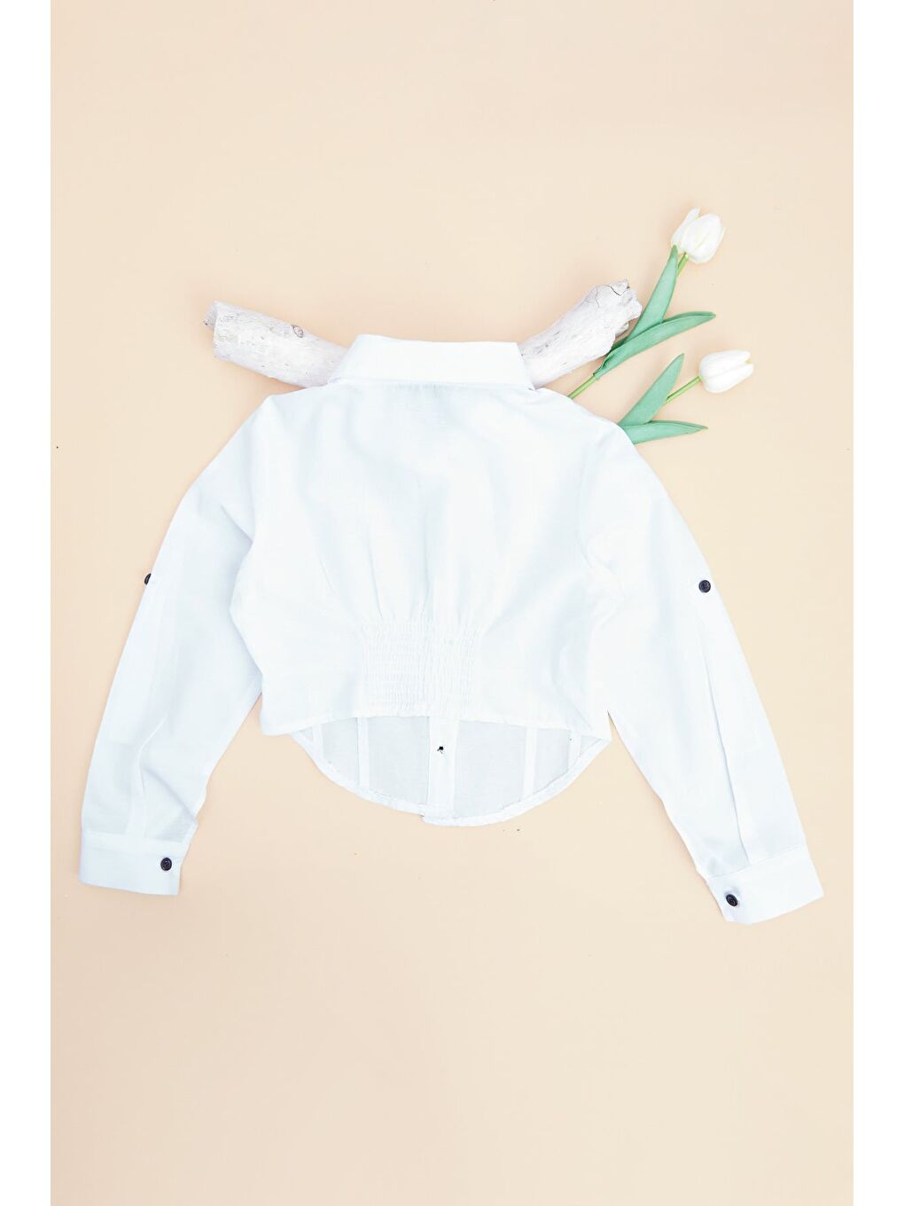 Beyaz Basic Beli Gipeli Crop Kız Çocuk Gömlek-1