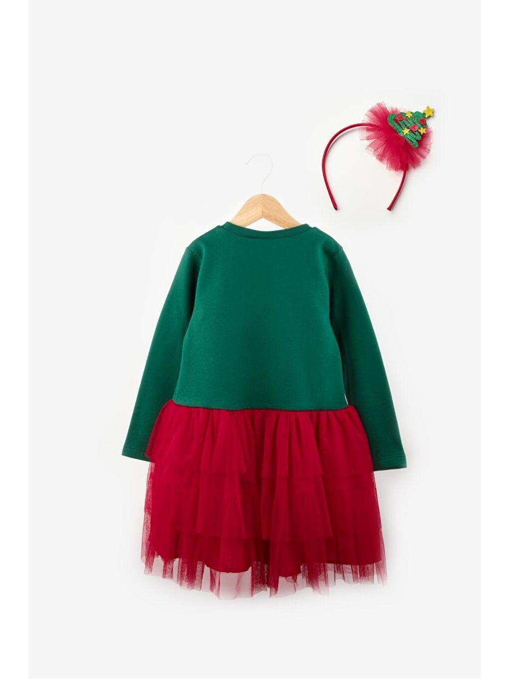 Yeşil  Çam Ağaçlı Taçlı Kız Çocuk Yılbaşı Elbise - Nelda-1