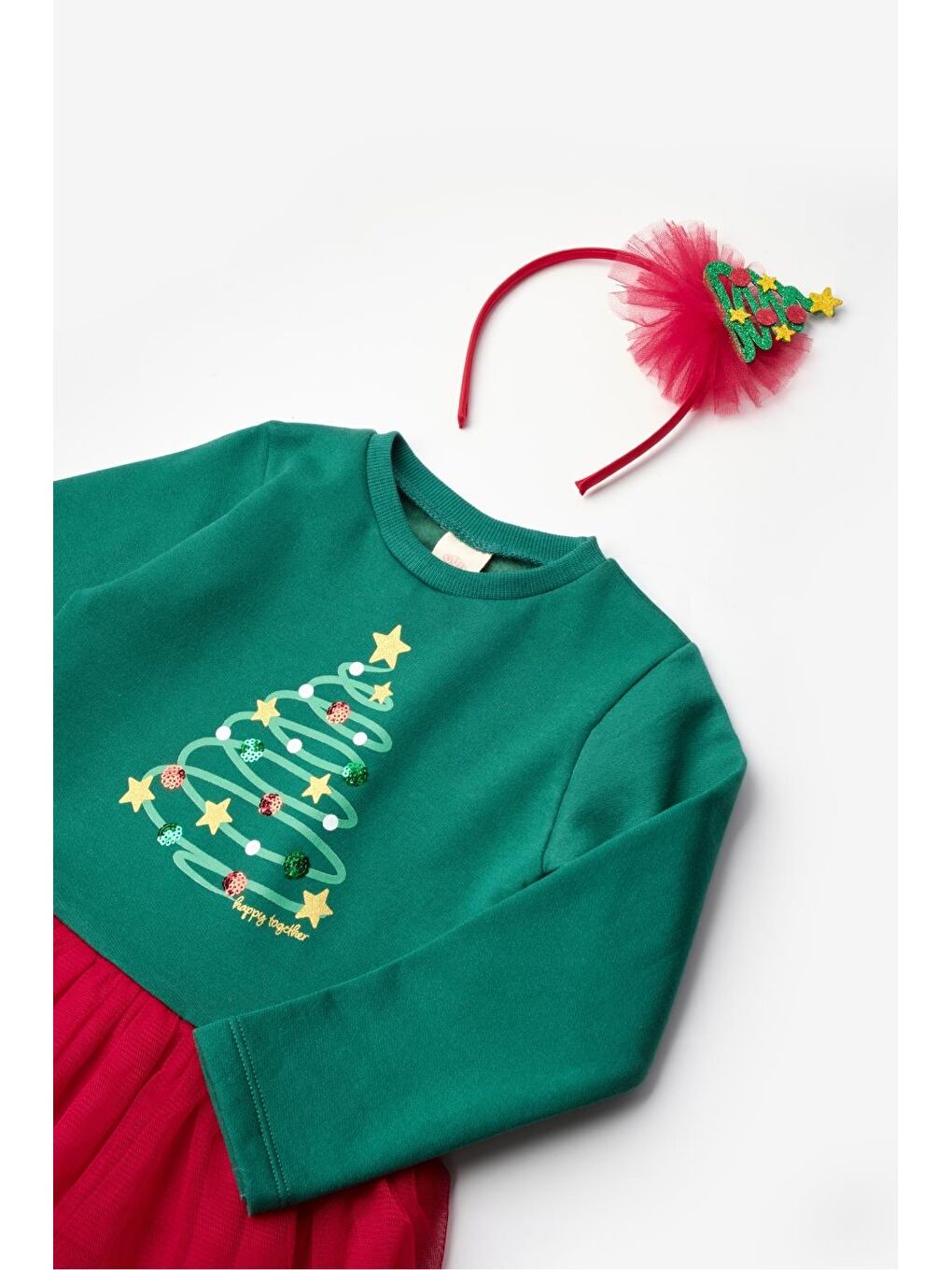 Yeşil  Çam Ağaçlı Taçlı Kız Çocuk Yılbaşı Elbise - Nelda-2