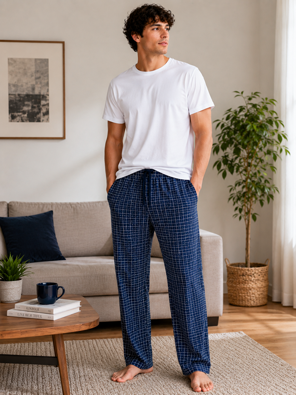 Lacivert Erkek %100 Doğal Pamuk Yüksek Kaliteli Rahat Kalıp Basic Pijama Takımı
