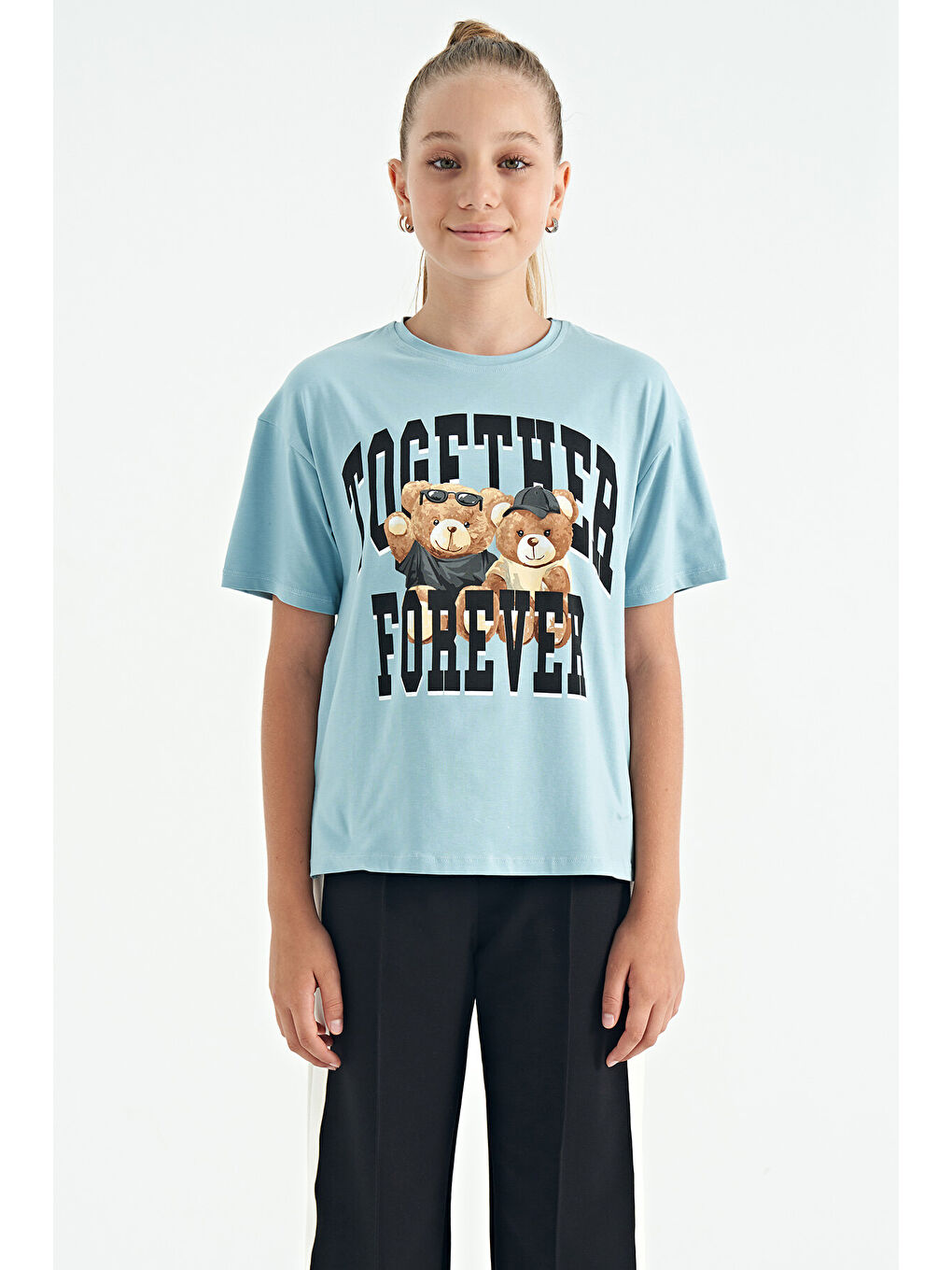 Açık Mavi Ayıcık Baskılı O Yaka Oversize Kısa Kol Kız Çocuk Tişört - 75116