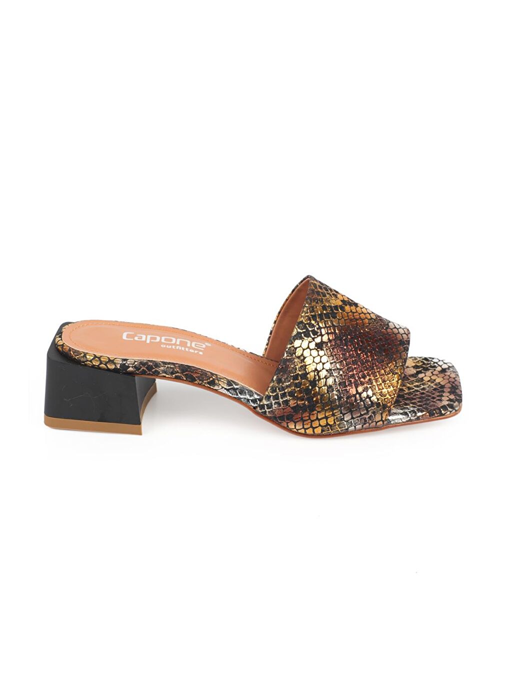 Sarı Küt Burunlu Tek Bantlı Blok Topuklu Saten Labirent Desenli Kadın Terlik-1