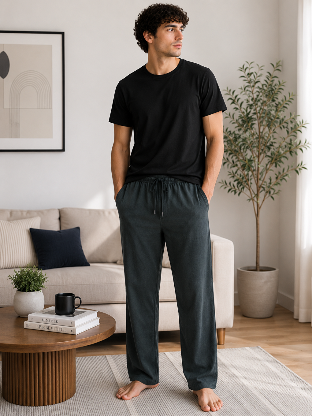 Siyah Erkek %100 Doğal Pamuk Yüksek Kaliteli Rahat Kalıp Basic Pijama Takımı