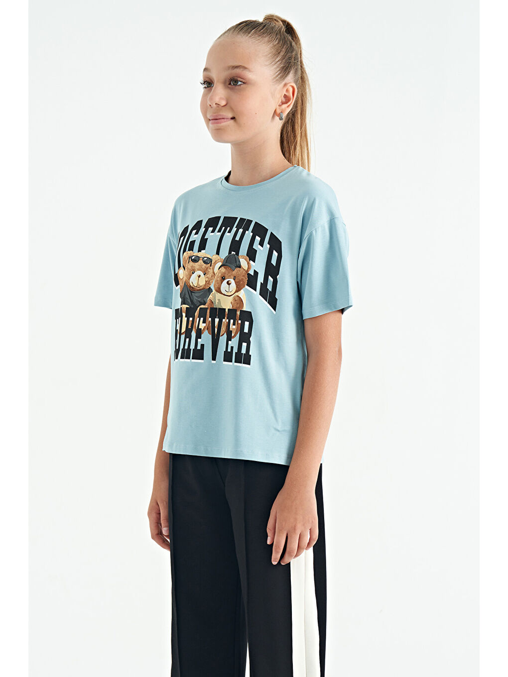 Açık Mavi Ayıcık Baskılı O Yaka Oversize Kısa Kol Kız Çocuk Tişört - 75116-2