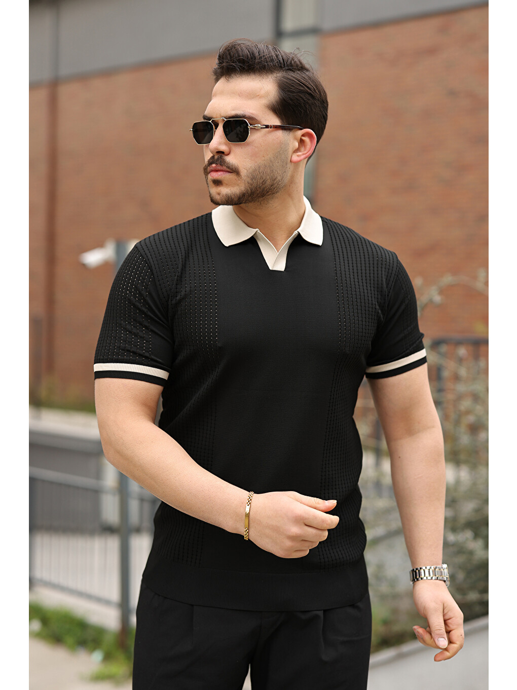 Siyah Erkek Modern Polo File Detaylı Kısa Kollu Tişört