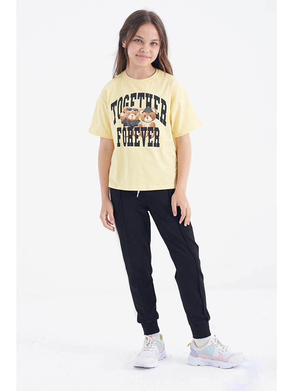 Sarı Ayıcık Baskılı O Yaka Oversize Kısa Kol Kız Çocuk Tişört - 75116