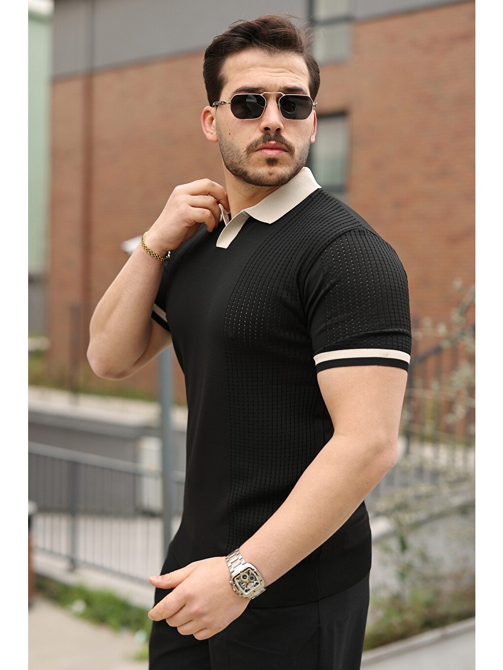 Siyah Erkek Modern Polo File Detaylı Kısa Kollu Tişört-1