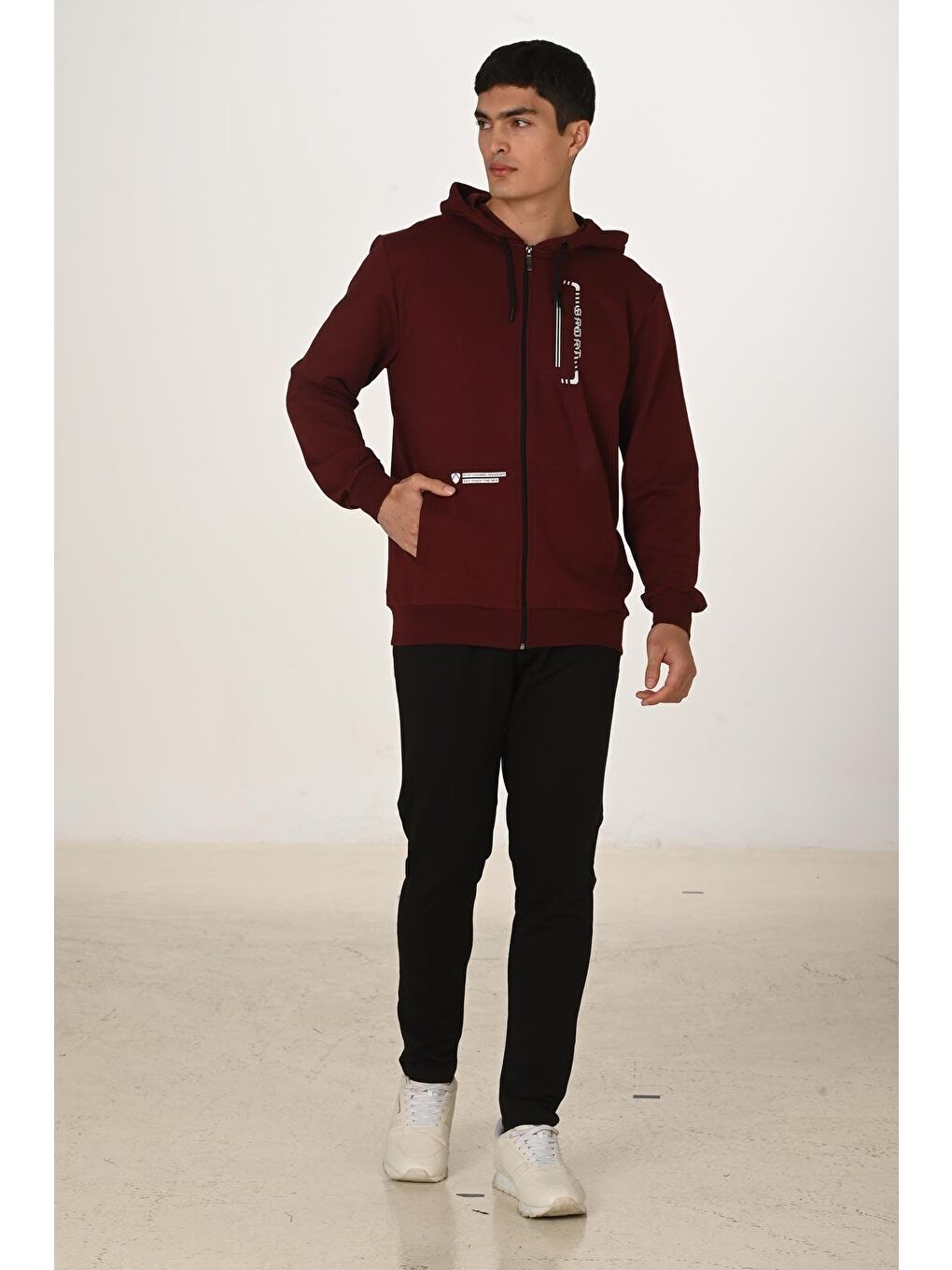 Erkek Pamuklu Kapüşonlu Eşofman Takımı Bordo 5286-B-3