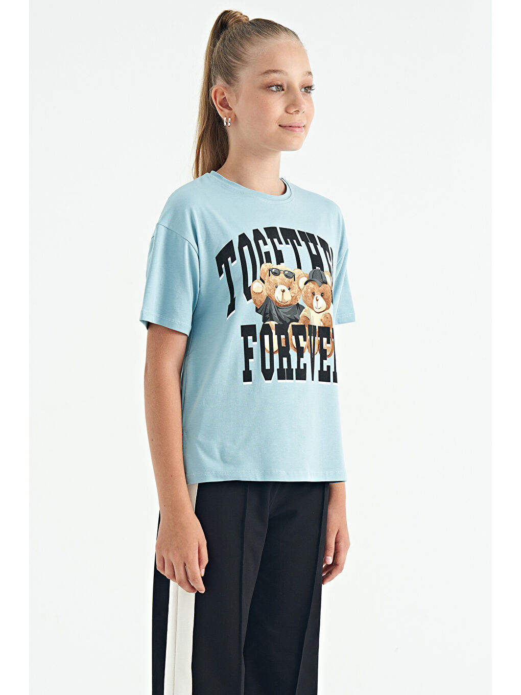 Açık Mavi Ayıcık Baskılı O Yaka Oversize Kısa Kol Kız Çocuk Tişört - 75116-4