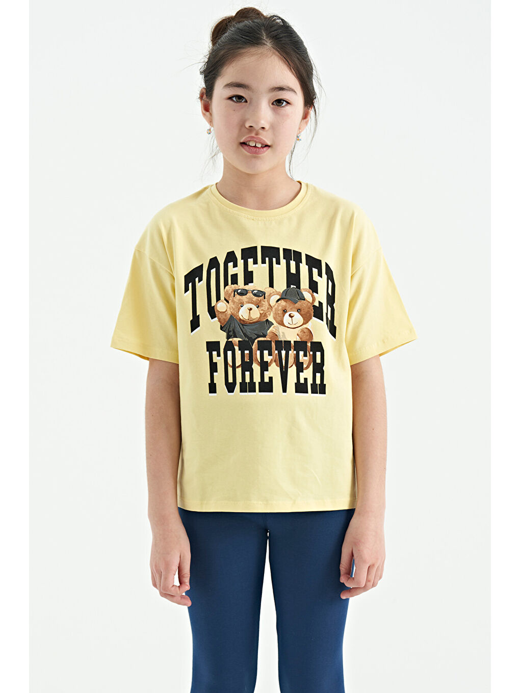 Sarı Ayıcık Baskılı O Yaka Oversize Kısa Kol Kız Çocuk Tişört - 75116-2