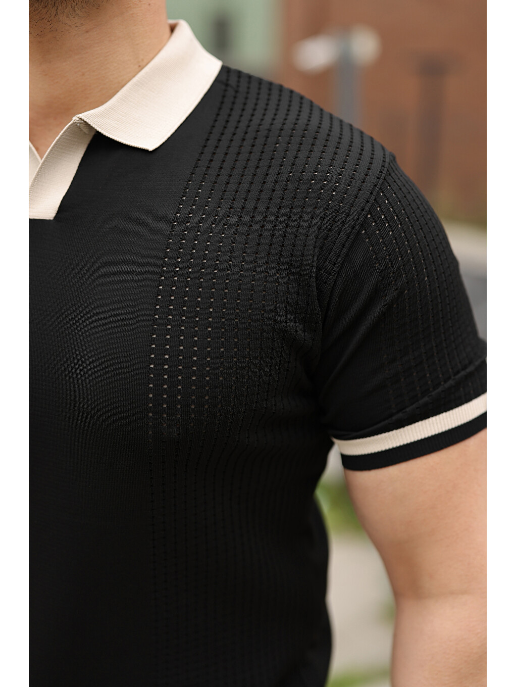 Siyah Erkek Modern Polo File Detaylı Kısa Kollu Tişört-2