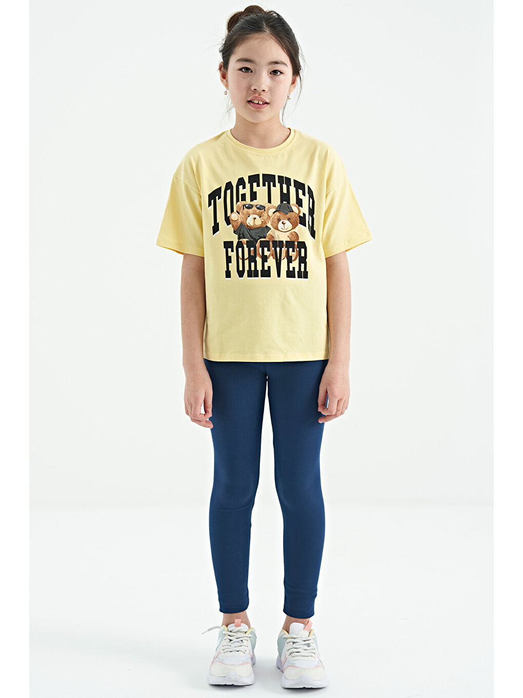 Sarı Ayıcık Baskılı O Yaka Oversize Kısa Kol Kız Çocuk Tişört - 75116-4