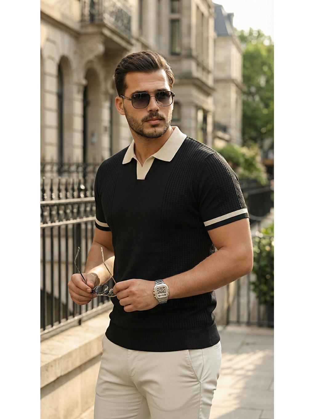 Siyah Erkek Modern Polo File Detaylı Kısa Kollu Tişört-3