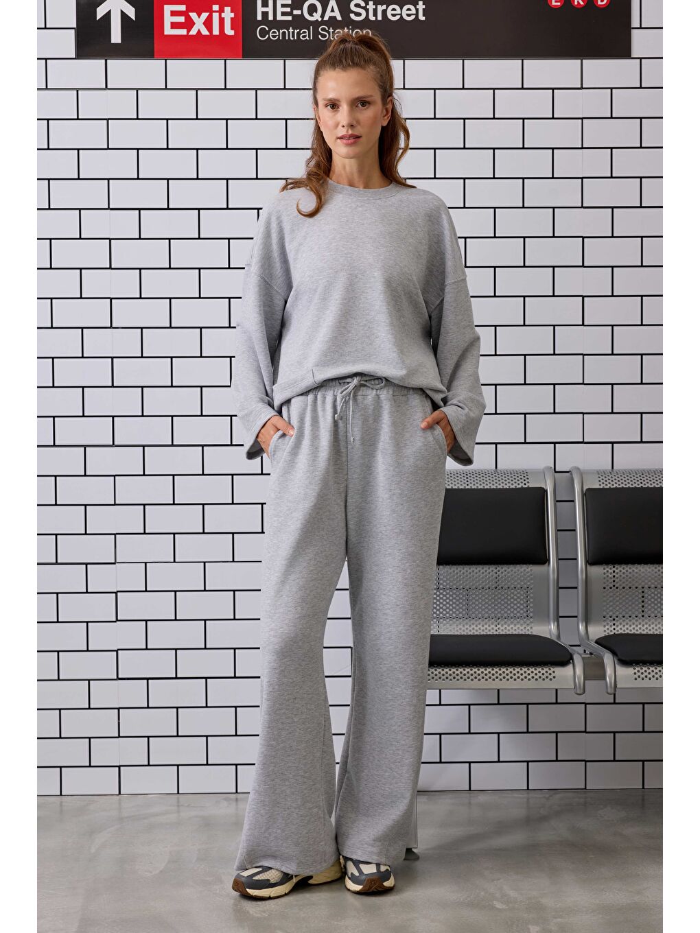 Ribanalı Rahat Kesim Pantolon Gri Melanj-2