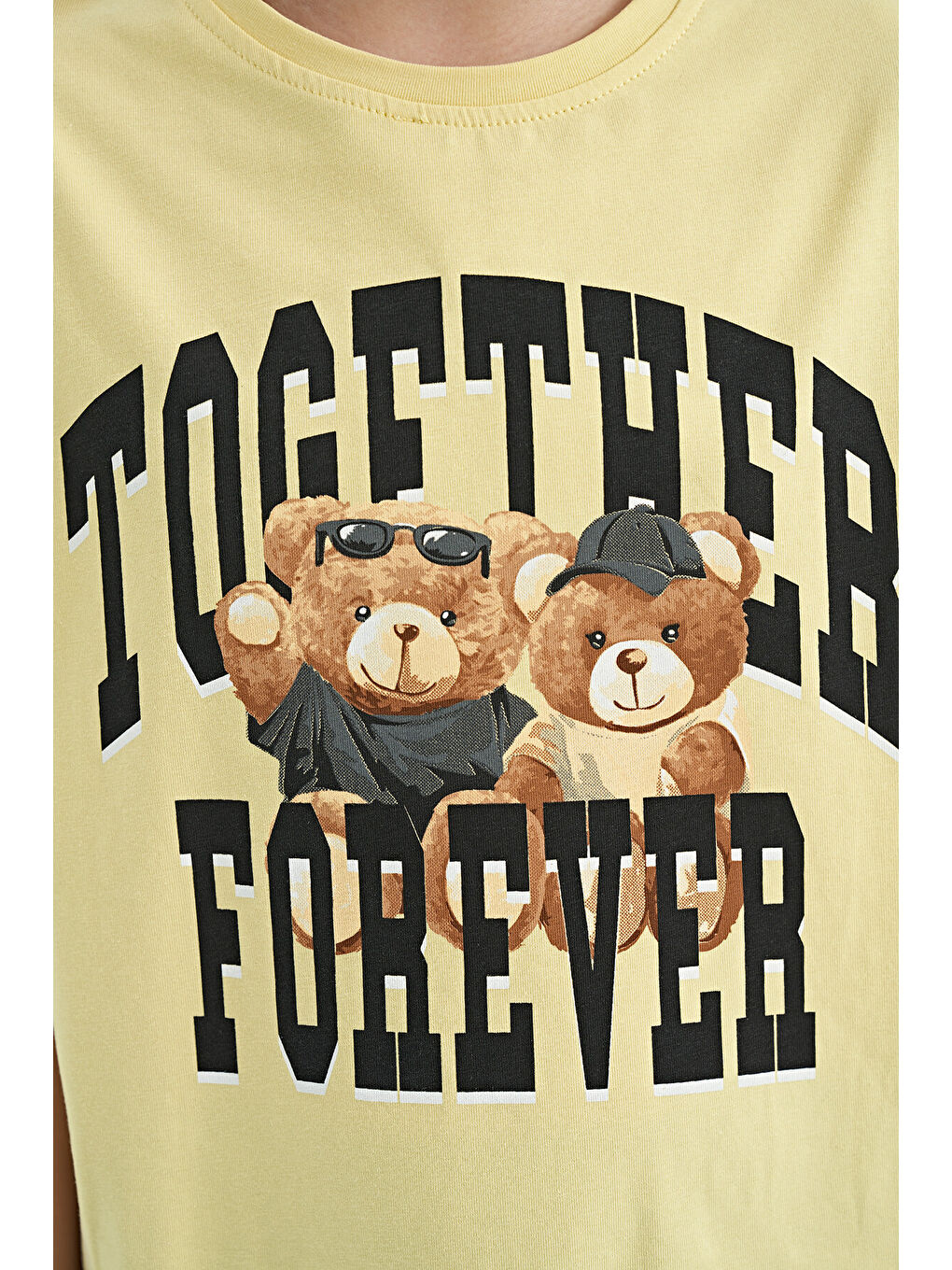 Sarı Ayıcık Baskılı O Yaka Oversize Kısa Kol Kız Çocuk Tişört - 75116-6