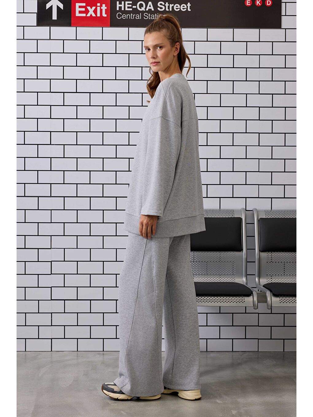 Ribanalı Rahat Kesim Pantolon Gri Melanj-3