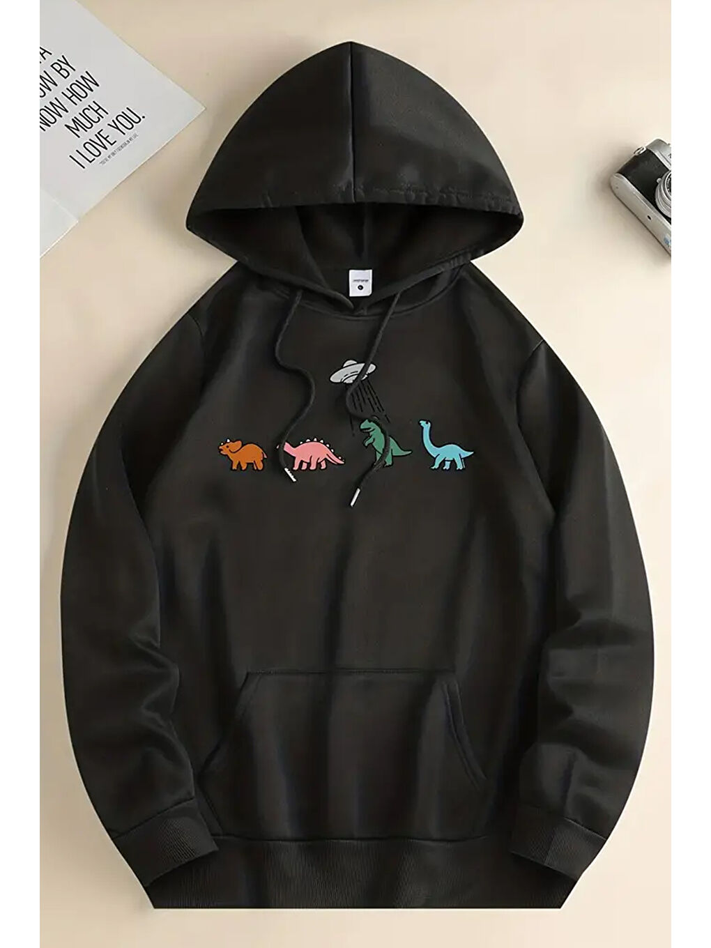 uyguntarz Siyah Uzaylı Dinozor Baskılı Oversize Sweatshirt