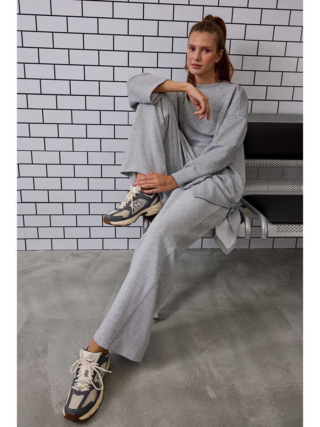 Ribanalı Rahat Kesim Pantolon Gri Melanj-4