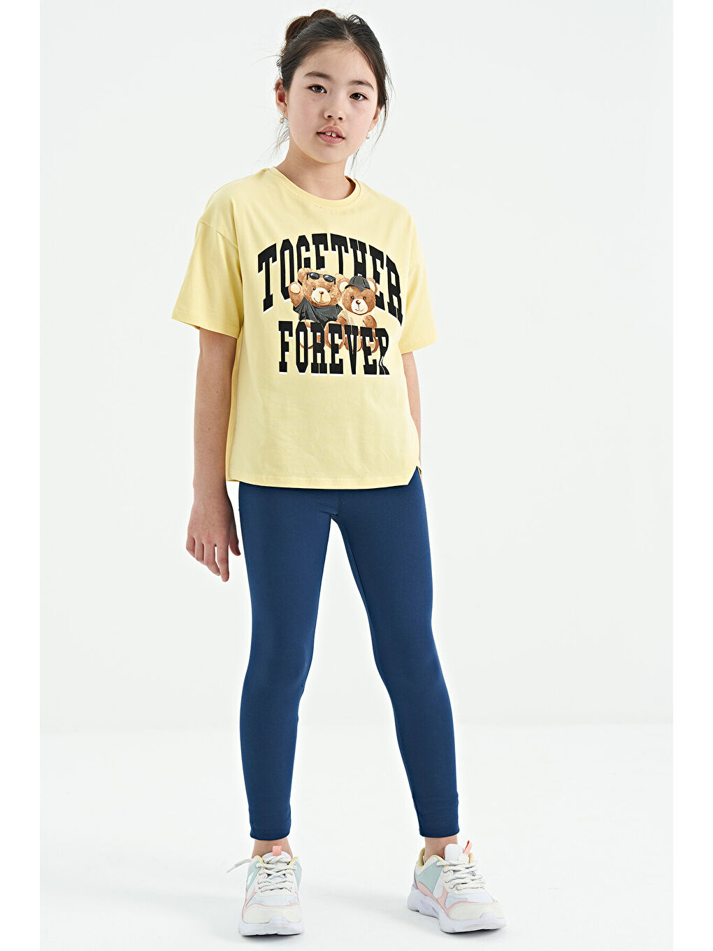 Sarı Ayıcık Baskılı O Yaka Oversize Kısa Kol Kız Çocuk Tişört - 75116-8