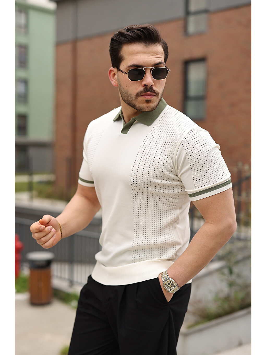 Kahverengi Erkek Modern Polo File Detaylı Kısa Kollu Tişört-1